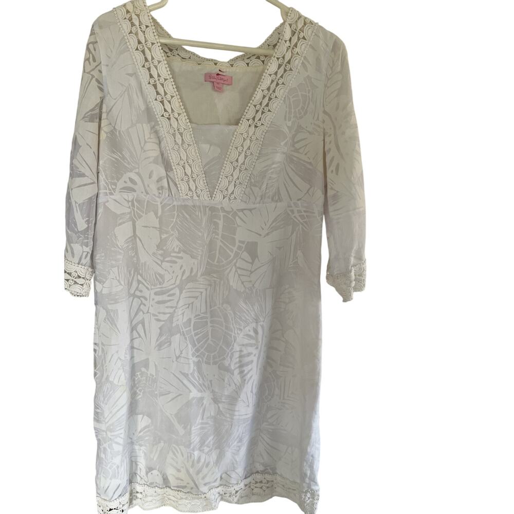 Lilly Pulitzer Womens Coverup Dress M Cotton Lace Empire V Neck Prep Pool Beach